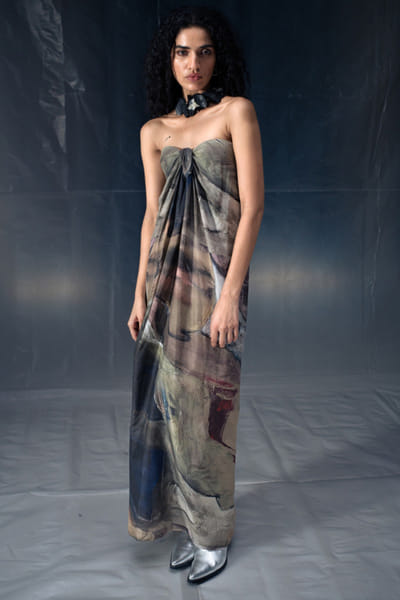 Multicolour abstract printed drape dress