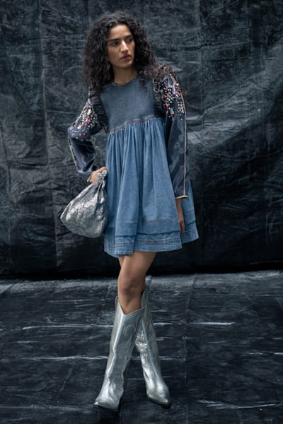 Blue metal embellished denim dress