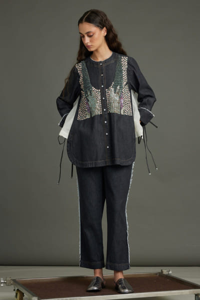 Black sequin embroidered denim co-ord set