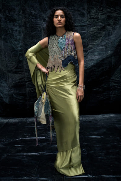 Dill satin silk pre-draped sari