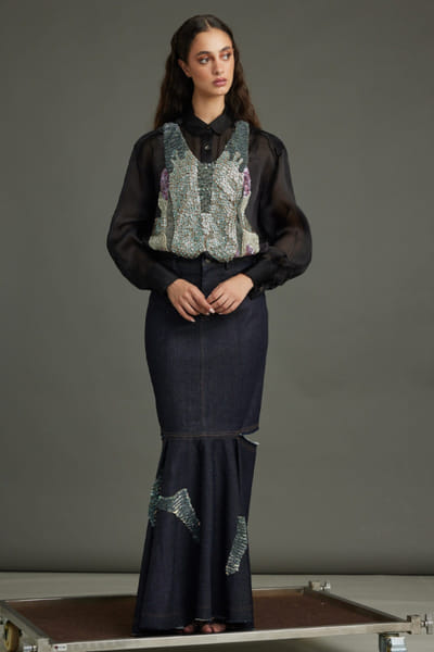 Black sequin embellished satin organza shirt