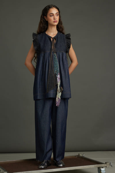 Blue embellished denim top and farshi pant set