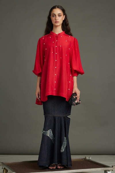 Red embroidered silk shirt