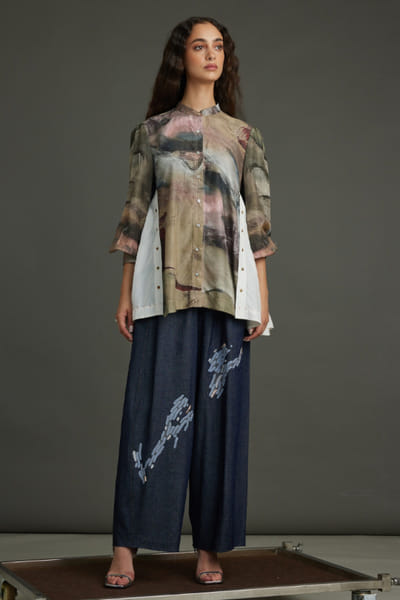 Multicolour printed and panelled silk shirt