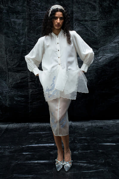 White chikankari embroidered silk shirt
