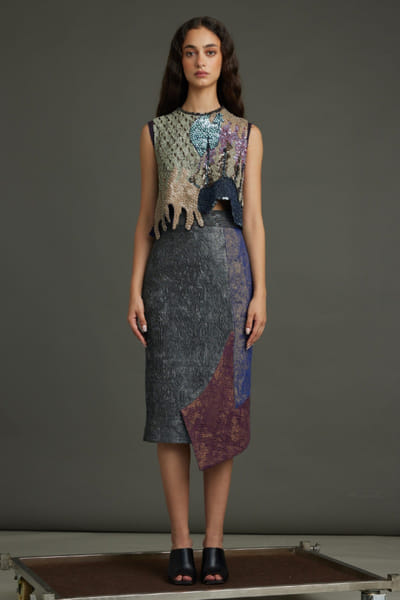 Multicolour asymmetric pencil skirt