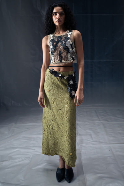 Dill textured bias-cut silk skirt