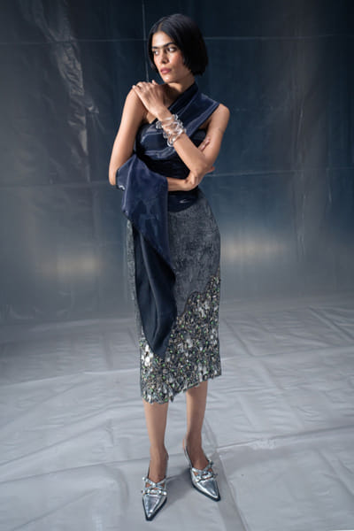 Gunmetal metal hand embellished pencil skirt