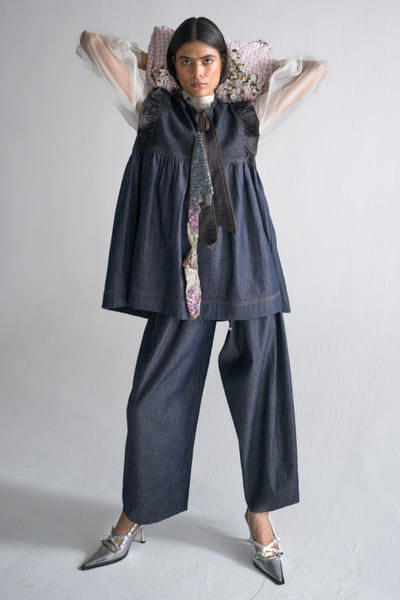 Blue gathered denim top