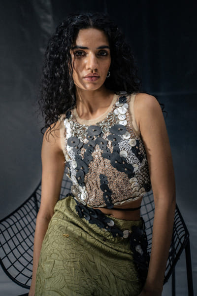 Cream sequin and rubber embellished crop top