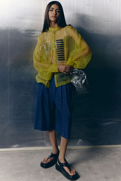 Lime yellow embellished kimono shirt