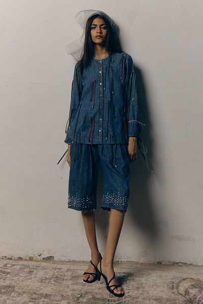 Denim blue tasselled shirt