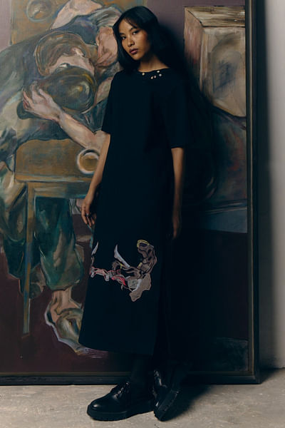Black thread embroidered shirt dress