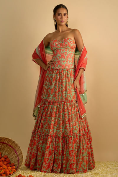 Green floral printed lehenga set