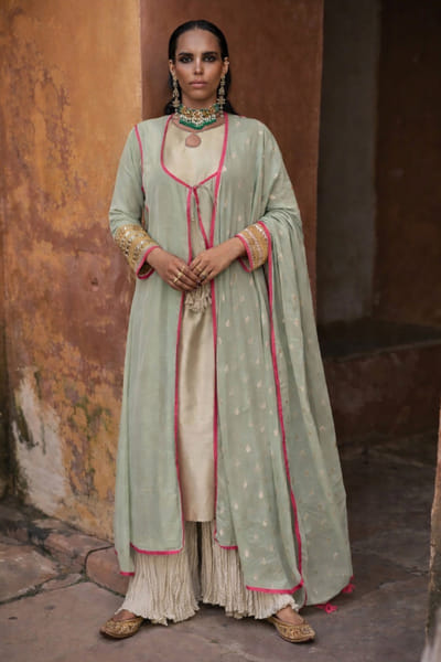 Mint green gota embroidered jacket kurta set