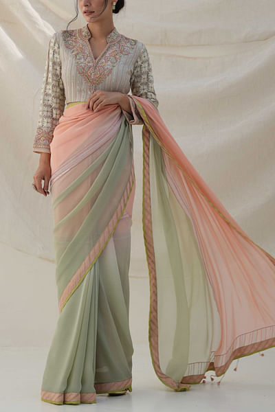 Grey and peach ombre embroidered sari set