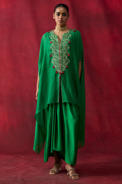 Green embroidered cape co-ord set