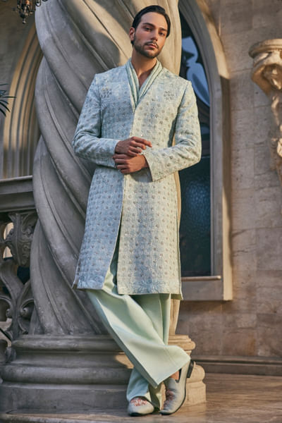 Mint green embroidered sherwani set