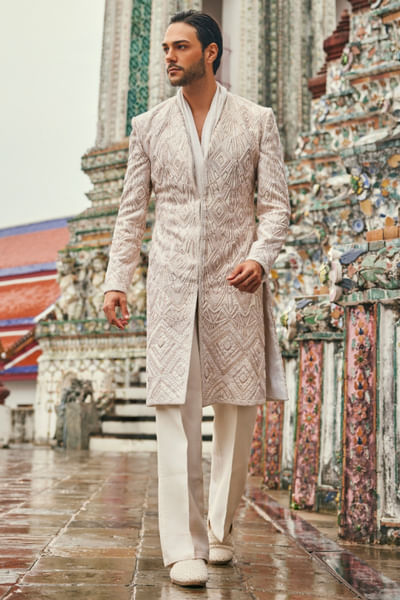 Ivory geometric embroidered sherwani set