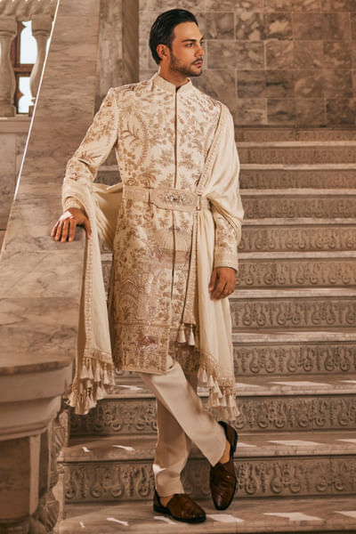 Ivory and gold embroidered sherwani set