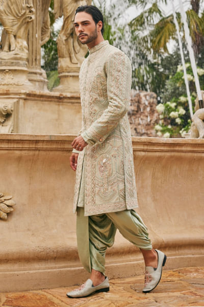 Sage green embroidered sherwani-dhoti pant set