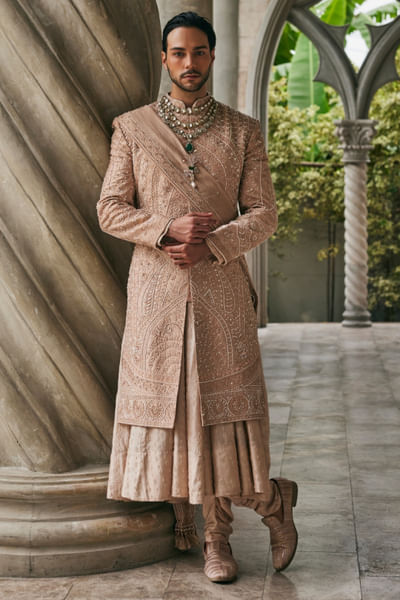 Caramel beige hand embroidered sherwani set