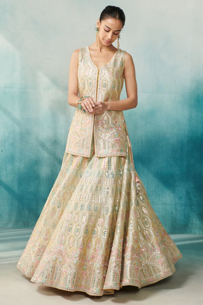 Yellow embroidered jacket lehenga set