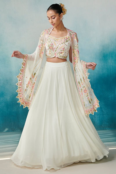 Off-white floral embroidered cape skirt set