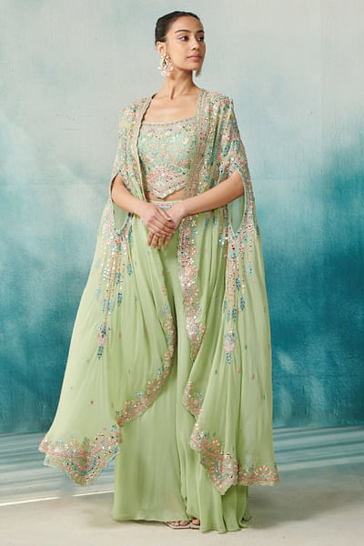 Green floral embroidered cape sharara set