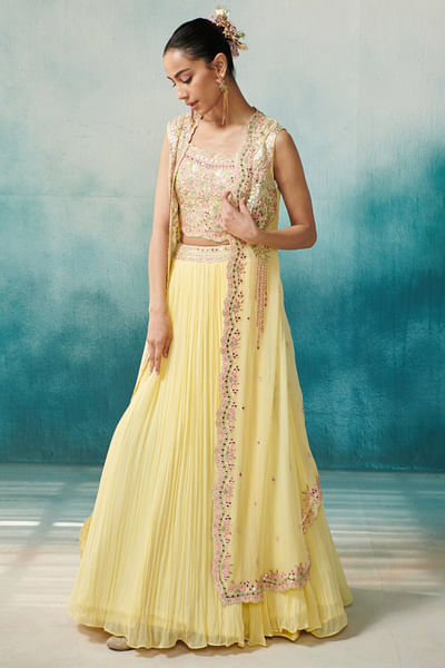 Yellow floral embroidered cape skirt set