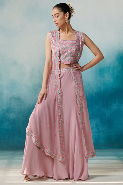 Mauve floral embroidered cape sharara set