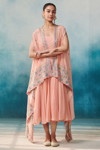 Peach floral embroidered cape and dress