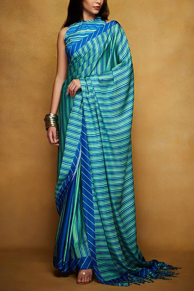 Green and blue striped sari
