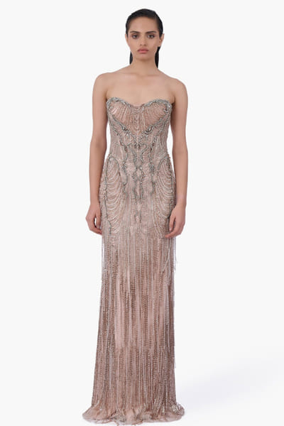 Light champagne crystal-embellished tulle gown