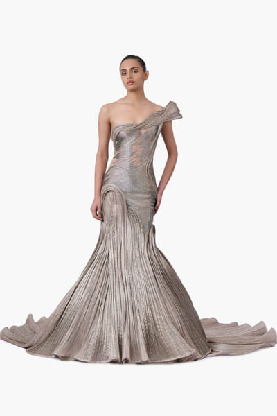 French taupe embellished one-shoulder gown