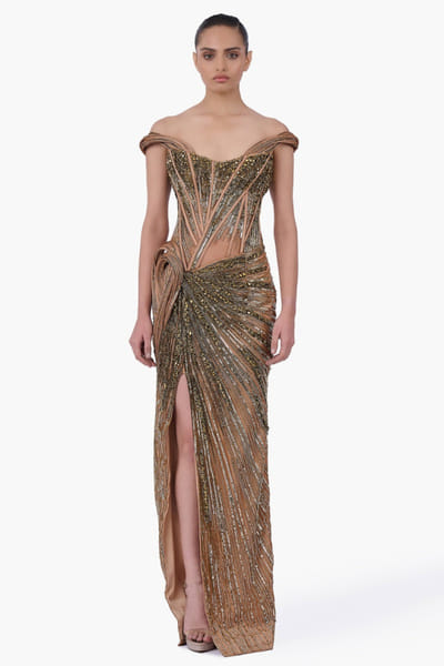 Gaurav Gupta Antique gold embellished and draped gown GAUJAN26D137661
