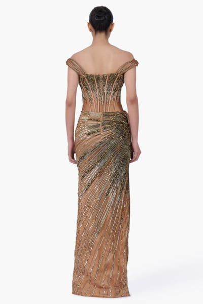 Gaurav Gupta Antique gold embellished and draped gown GAUJAN26D137661