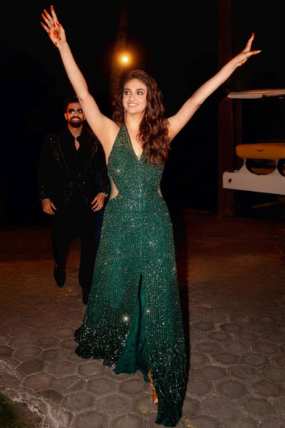 Emerald sequin embellished gown