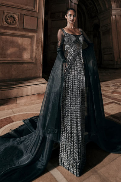 Black bead embellished gown