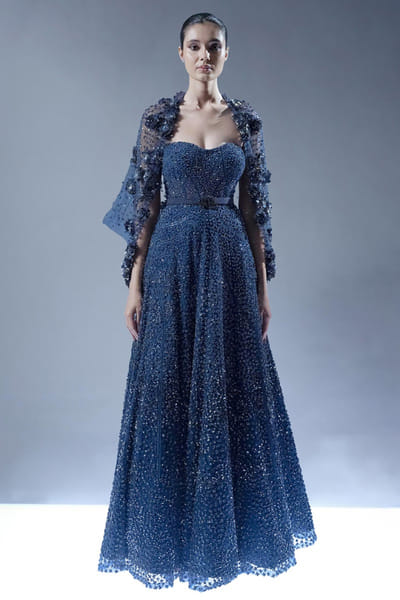 Rohit Gandhi + Rahul Khanna Blue sequin embroidered corset gown and cape ROHIJUN26D147915