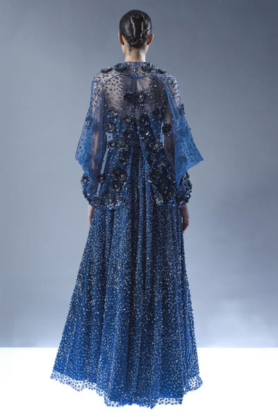 Rohit Gandhi + Rahul Khanna Blue sequin embroidered corset gown and cape ROHIJUN26D147915