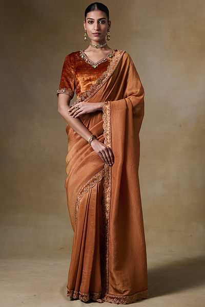 Orange bead embroidered sari set