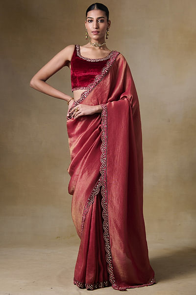Maroon bead embroidered sari set