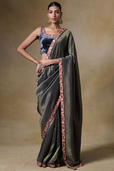 Grey bead embroidered sari set