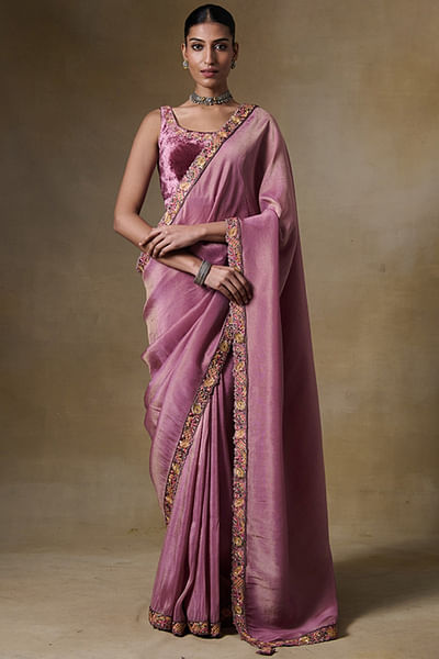 Pink bead embroidered sari set