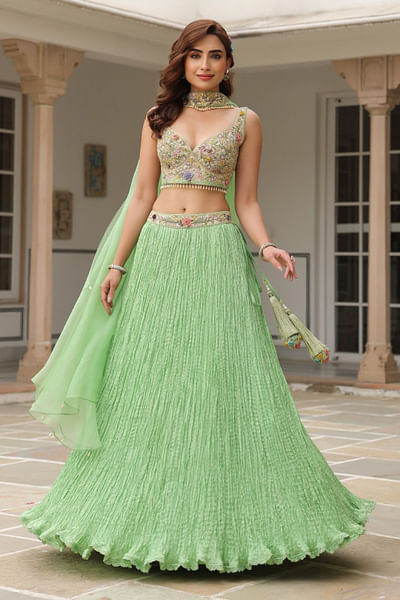 Mint green 3D floral embroidery lehenga set