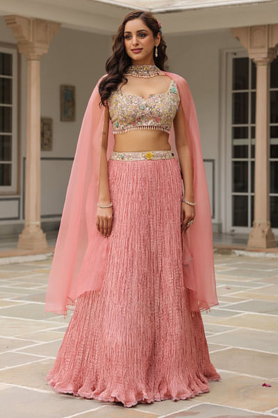 Pink 3D floral embroidered lehenga set