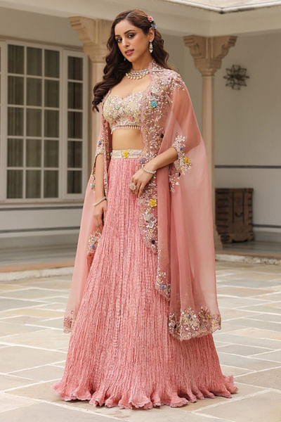 Pink 3D floral embroidered cape lehenga set