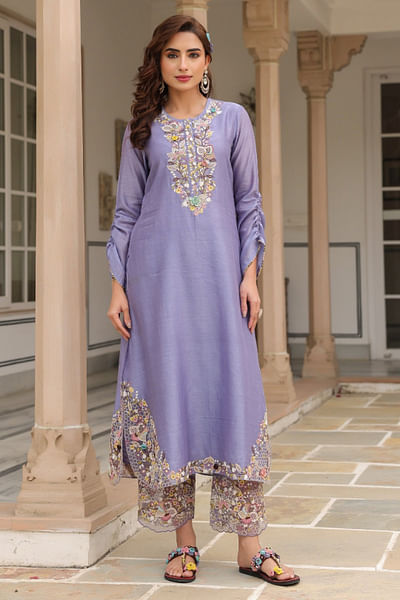 Lilac 3D floral thread embroidered kurta set
