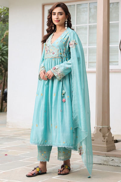 Blue 3D floral embroidery angrakha kurta set